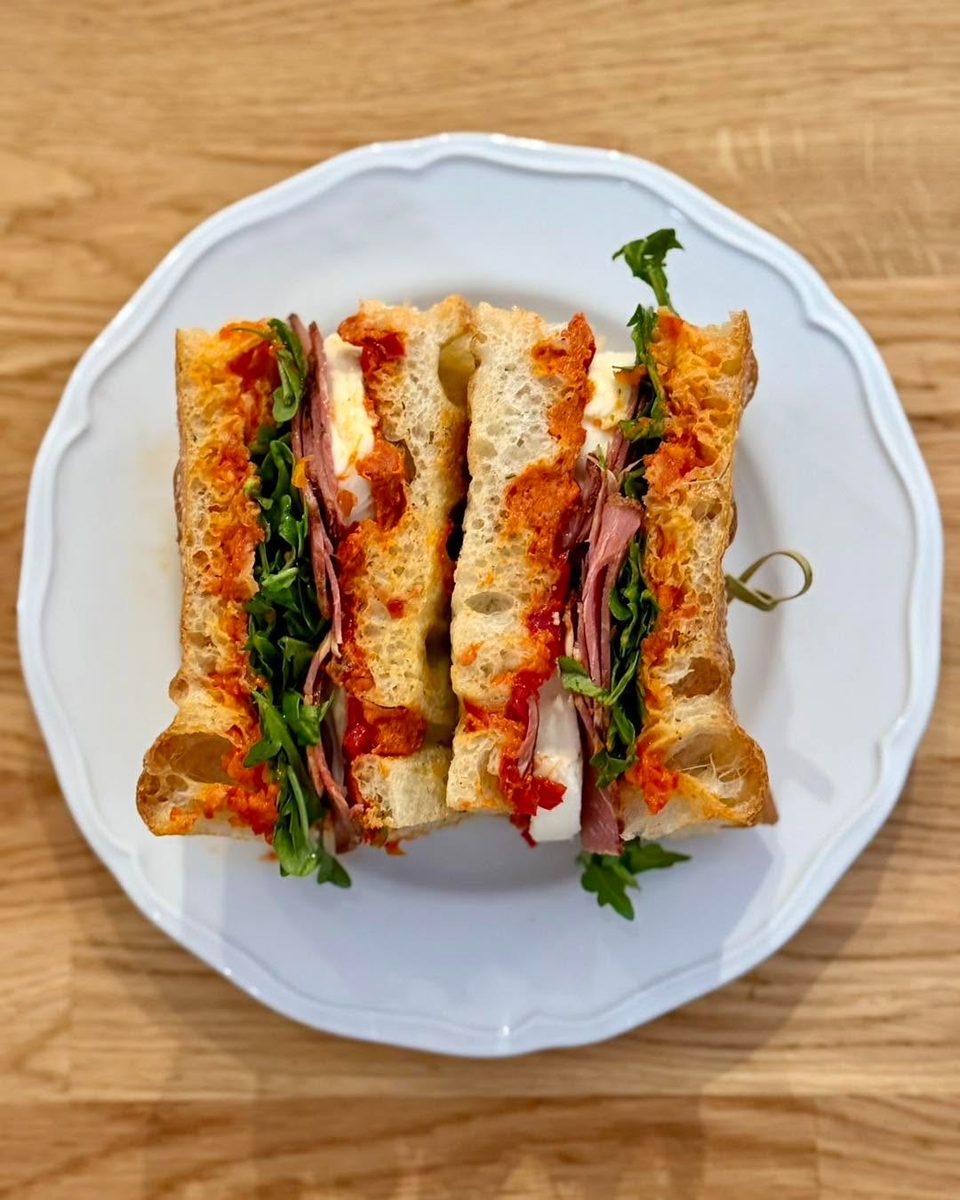 Two halves of a sandwich with meat, cheese, arugula, and red sauce on a white plate.